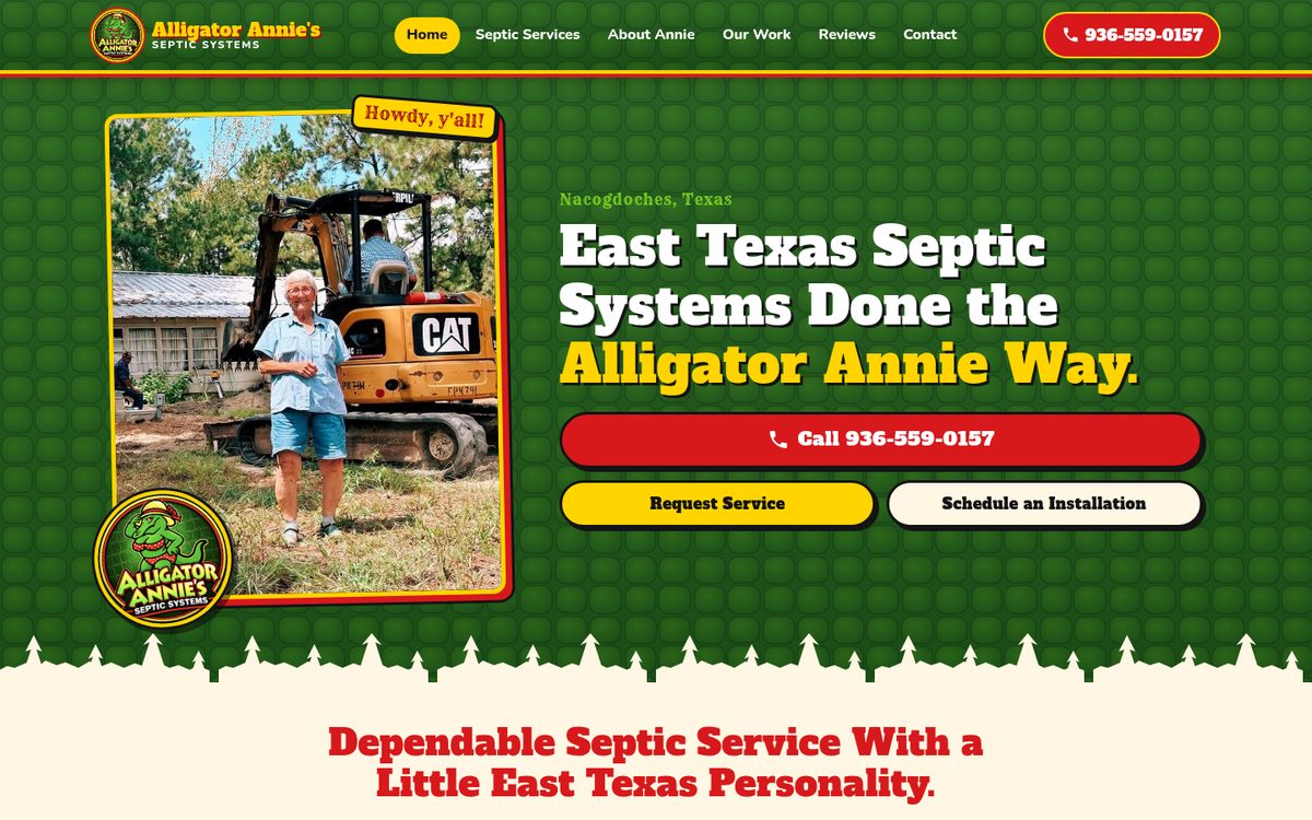 Alligator Annie’s Septic Systems homepage on a desktop screen