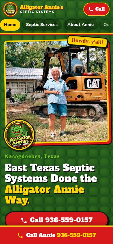 Alligator Annie’s Septic Systems website on a phone, with a big tap-to-call button