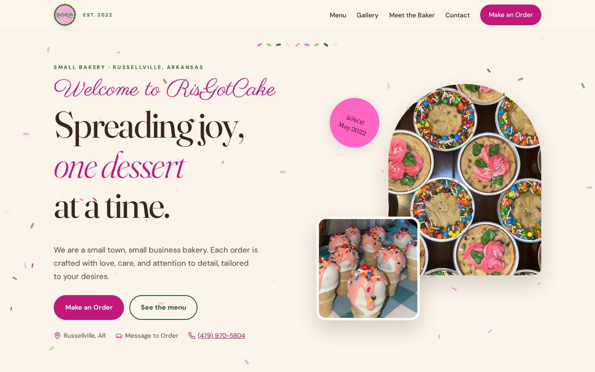 RisGotCake bakery homepage on a desktop screen