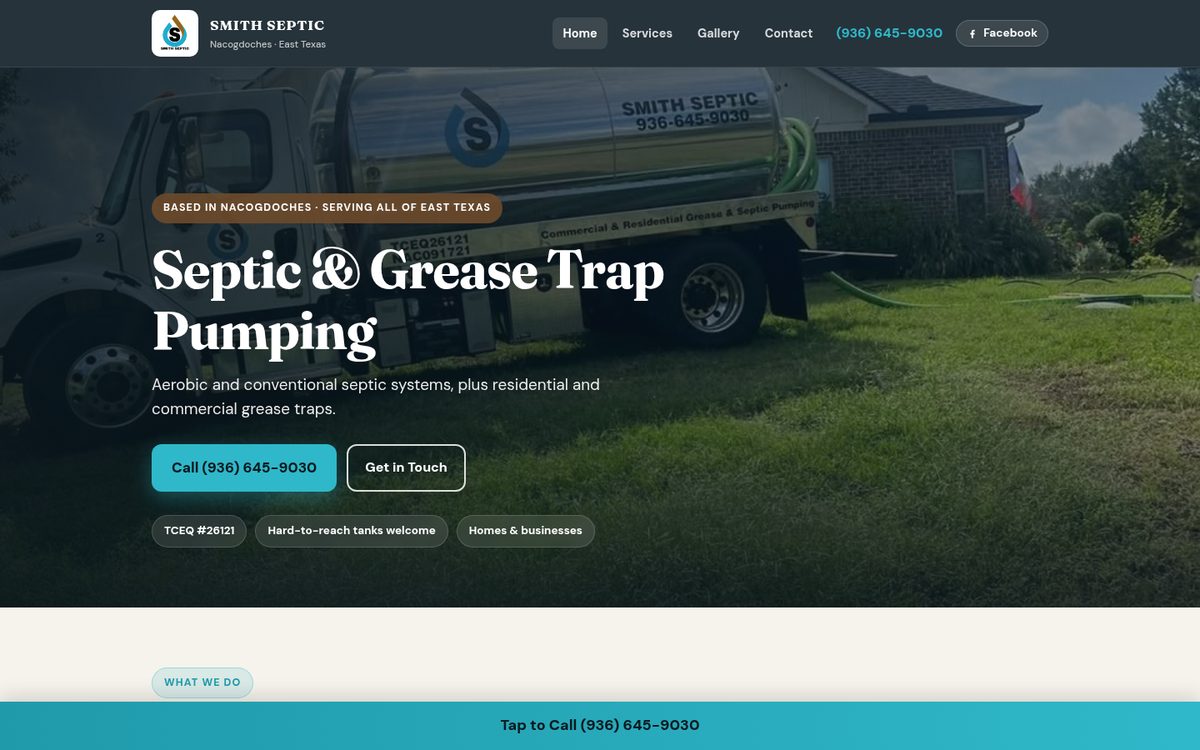 Smith Septic Service homepage on a desktop screen